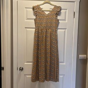 Melloday pink blue and orange floral ruched flutter sleeve dress with slit